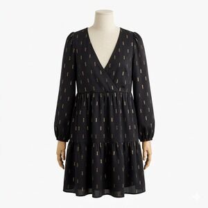 Madewell Black Gold Metallic Foil Dash Tiered V-Neck Mini Dress MC325 L Large